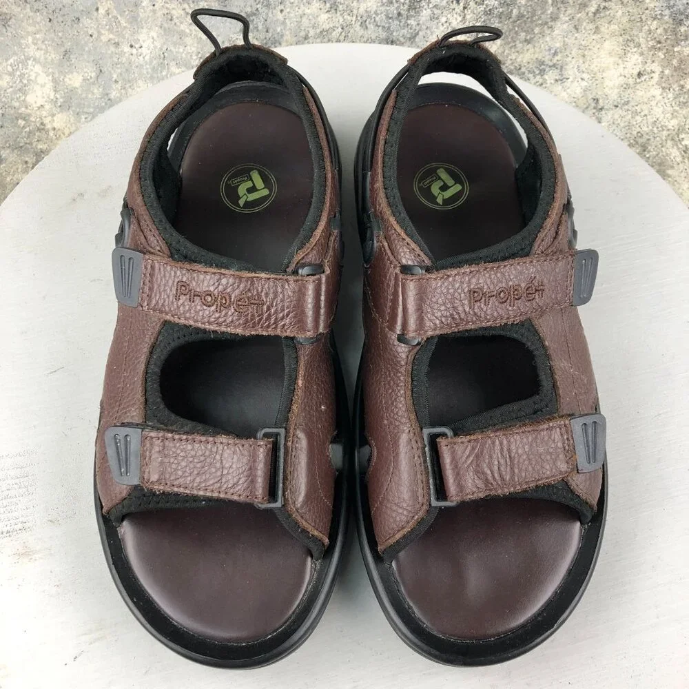 Propet Men's Size 10X (3E) Surfwalker Brown Leather Open Toe Hook & Loop Sandals